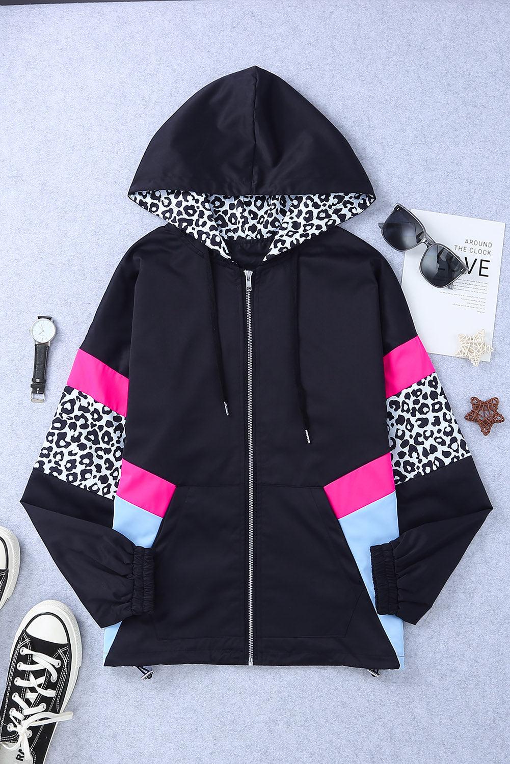 Leopard Color Block Zip-Up Hooded Jacket - Flyclothing LLC