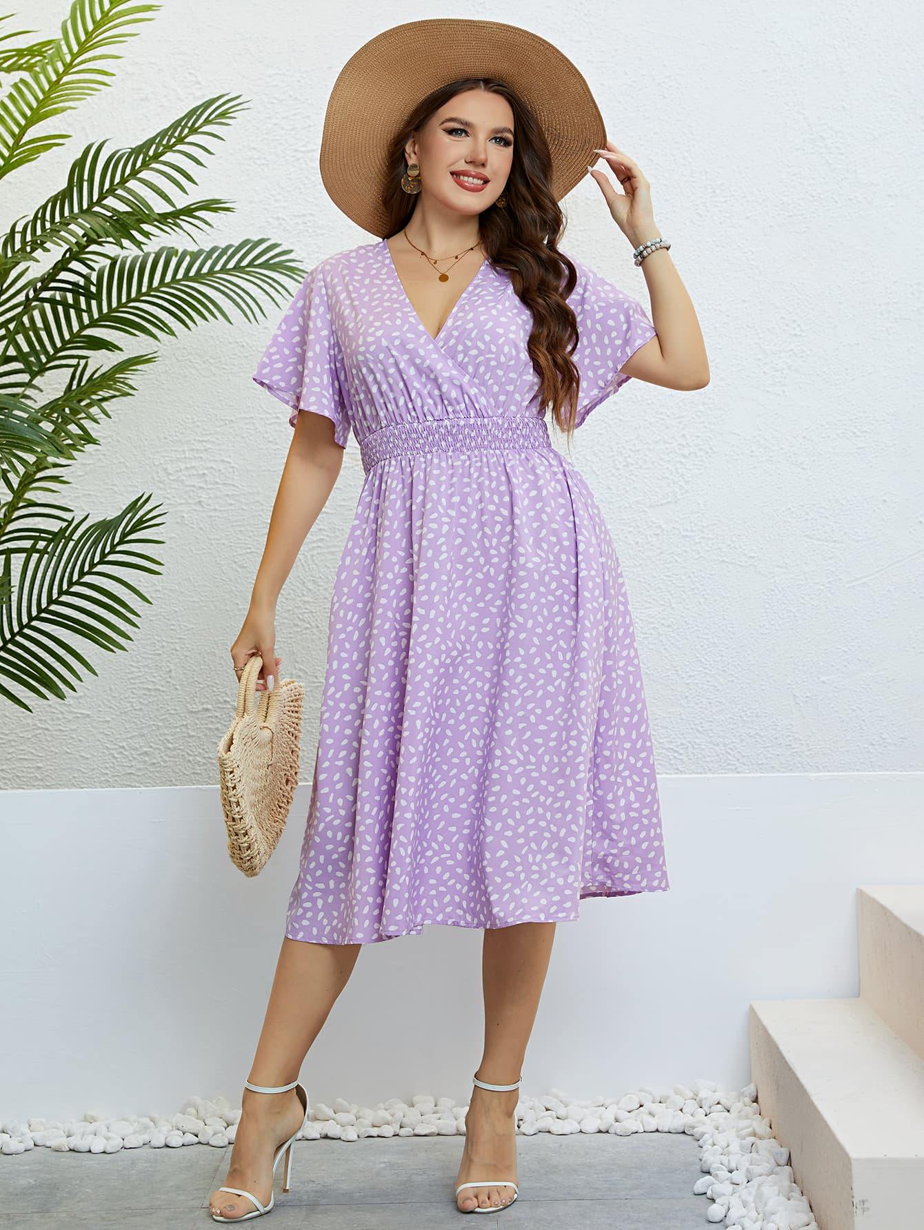 Plus Size Printed Smocked Waist Surplice Dress - Flyclothing LLC