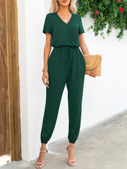 Short Sleeve V-Neck Jumpsuit with Pockets - Flyclothing LLC