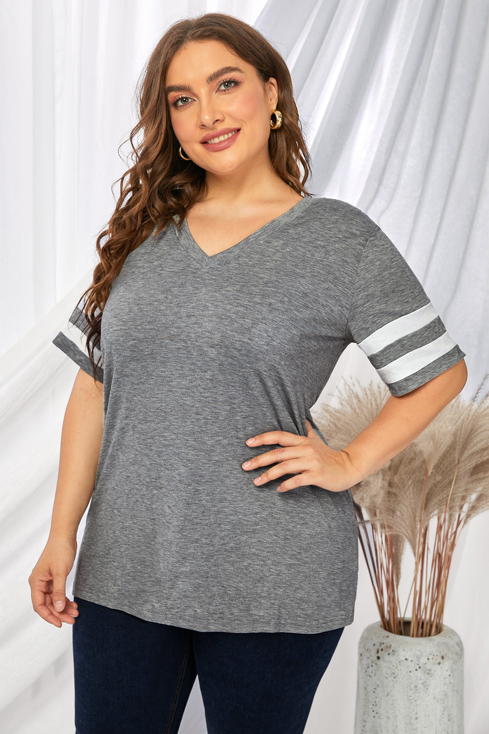 Plus Size Striped V-Neck Tee Shirt - Flyclothing LLC