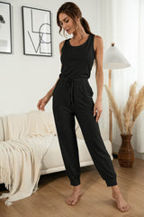 Drawstring Waist Round Neck Jogger Jumpsuit - Flyclothing LLC