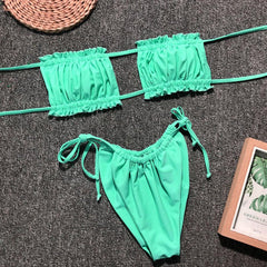 Frill Trim Ruched Bikini Set - Flyclothing LLC