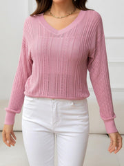 V-Neck Long Sleeve Eyelet Knit Top - Flyclothing LLC