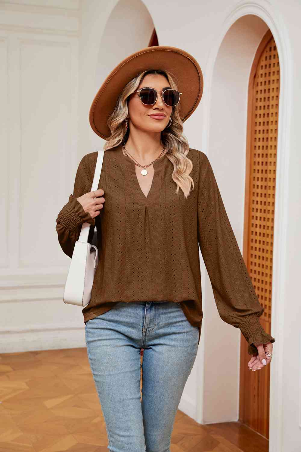 Notched Neck Flounce Sleeve Blouse - Flyclothing LLC