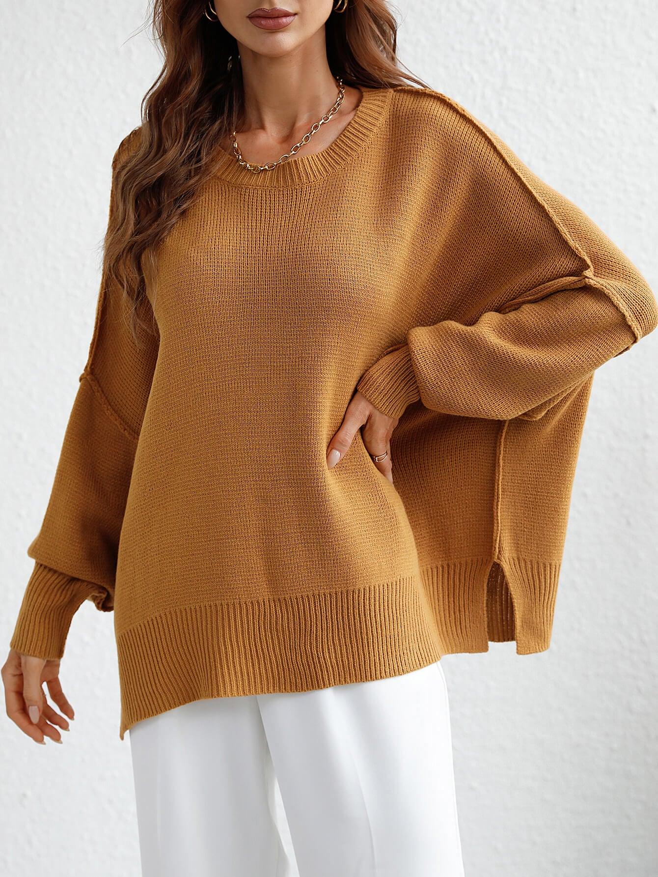 Exposed Seam Dropped Shoulder Slit Sweater - Trendsi