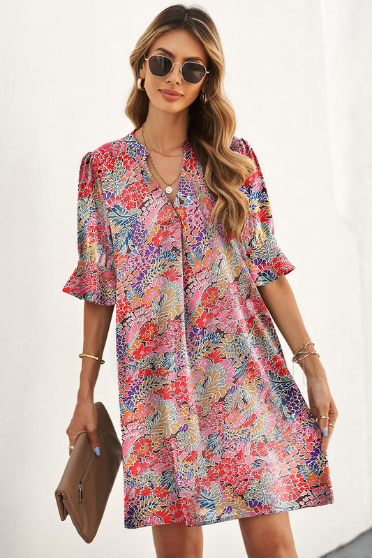 Floral Notched Neck Flounce Sleeve Shift Dress - Flyclothing LLC