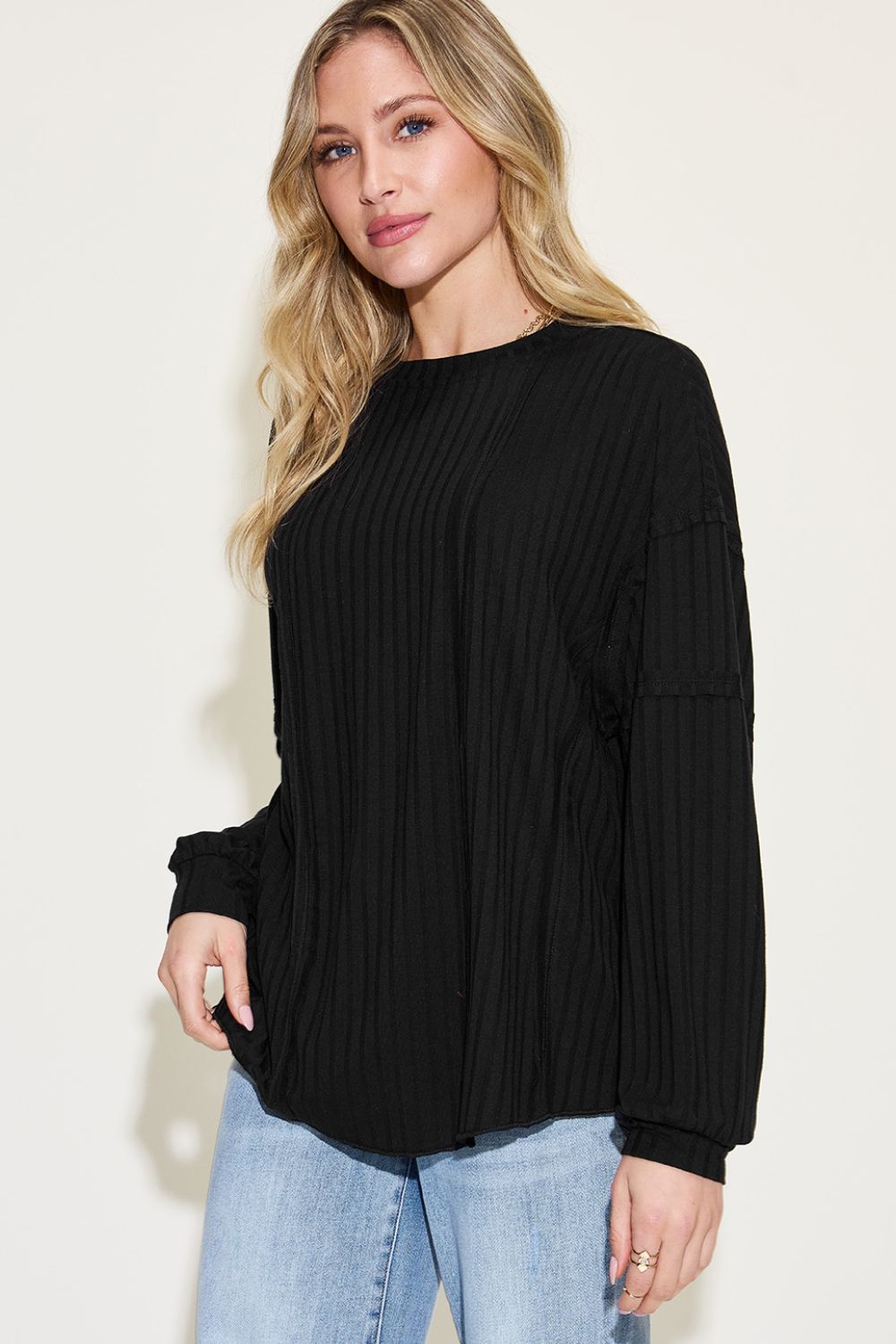 Basic Bae Full Size Ribbed Round Neck Long Sleeve T-Shirt - Flyclothing LLC