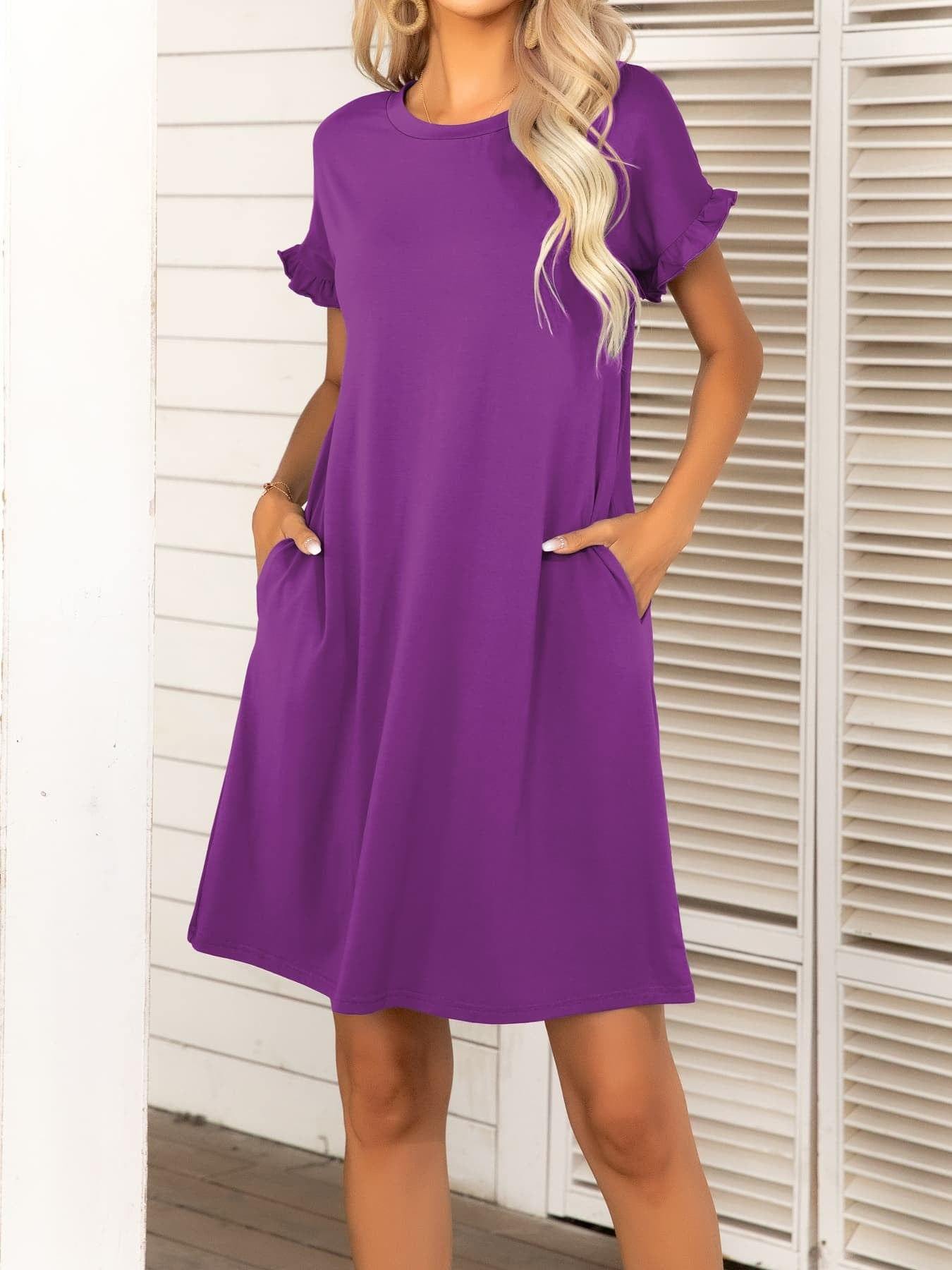 Round Neck Flounce Sleeve Dress with Pockets - Trendsi