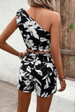 Floral One-Shoulder Cropped Tank and Shorts Set - Flyclothing LLC