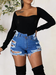 Distressed Raw Hem Denim Shorts with Pockets - Flyclothing LLC