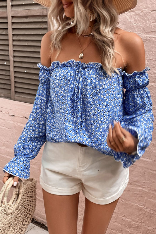 Off Shoulder Printed Frill Trim Blouse - Flyclothing LLC