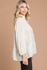 Culture Code Full Size Swiss Dot Smocked Mock Neck Blouse - Flyclothing LLC