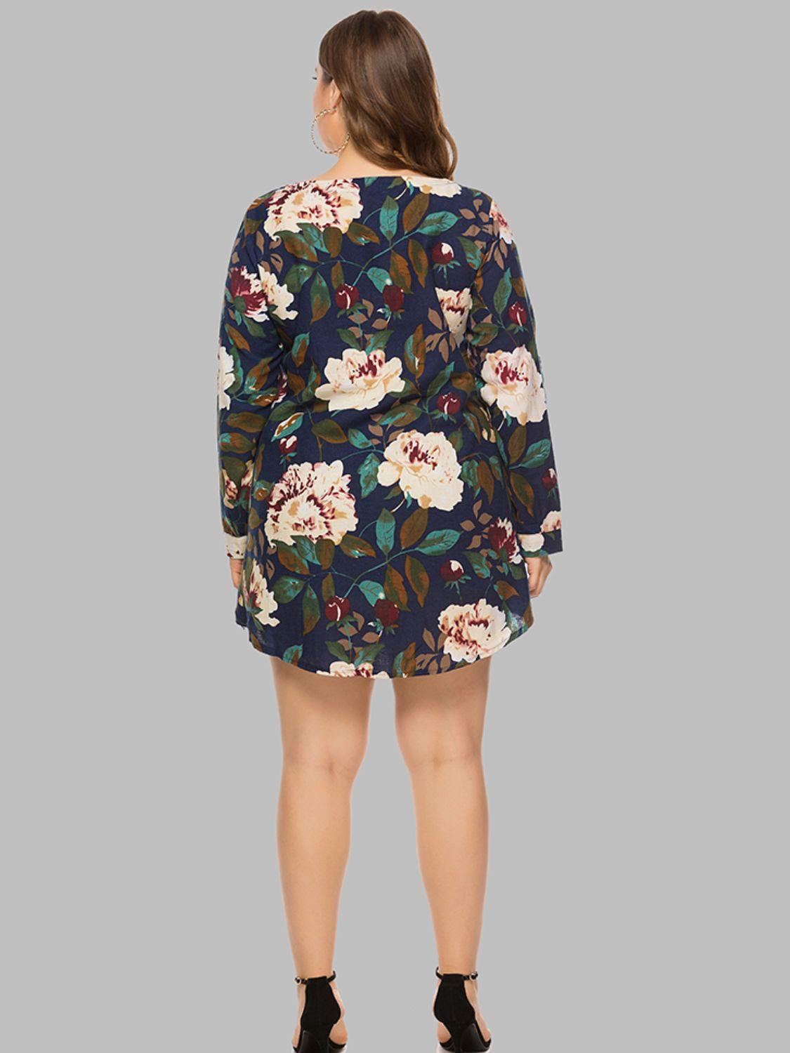 Full Size Floral Long Sleeve Mini Dress - Flyclothing LLC