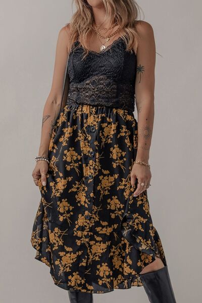 Floral Buttoned Ruffle Hem Skirt - Flyclothing LLC