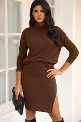 Mock Neck Knit Top and Slit Skirt Set - Flyclothing LLC