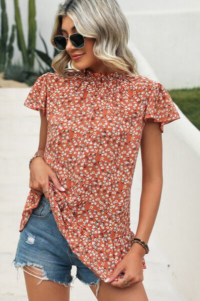 Ditsy Floral Mock Neck Short Sleeve T-Shirt - Flyclothing LLC