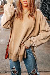 Dropped Shoulder Round Neck Long Sleeve Blouse - Flyclothing LLC