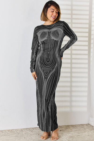 Cutout Round Neck Long Sleeve Maxi Dress - Flyclothing LLC