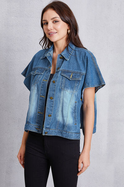 Pocketed Button Up Short Sleeve Denim Top - Flyclothing LLC