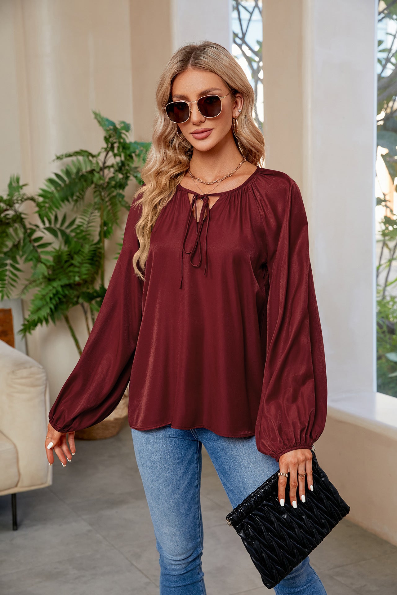 Tie Neck Balloon Sleeve Blouse - Flyclothing LLC