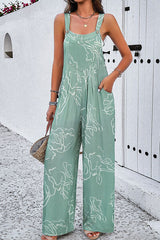 Printed Wide Strap Jumpsuit with Pockets - Flyclothing LLC