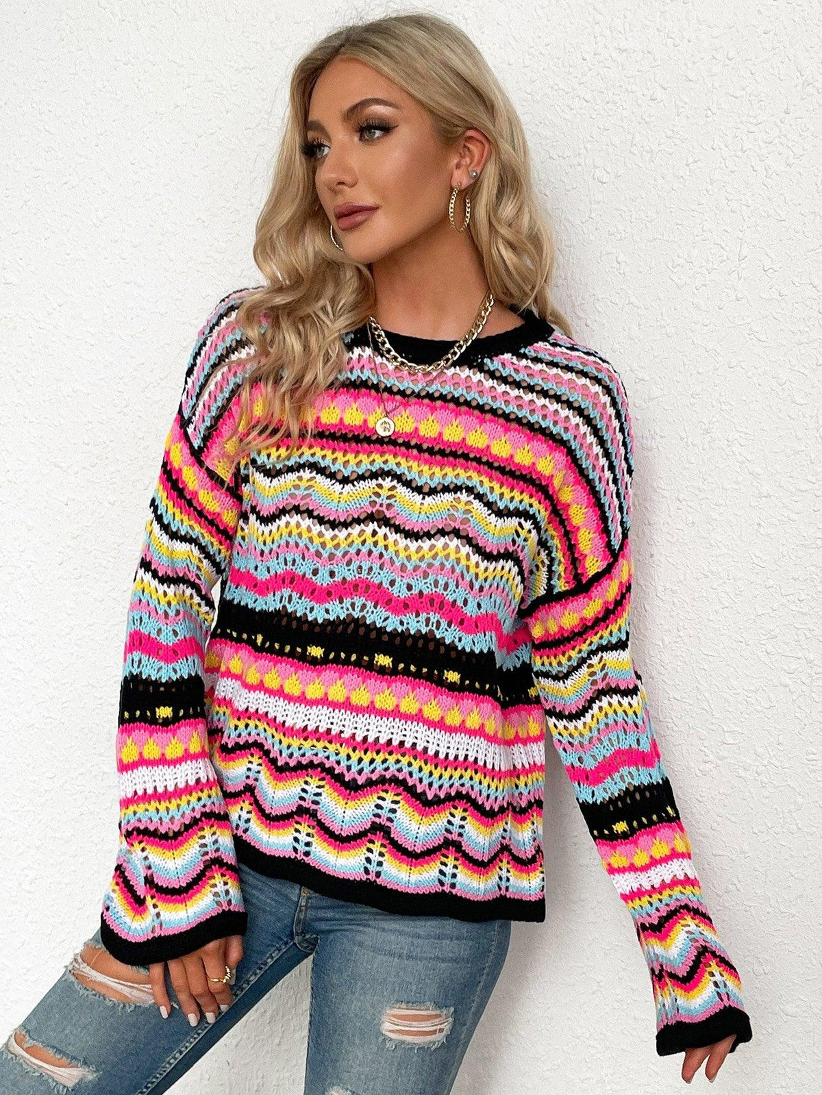 Rainbow Stripe Openwork Flare Sleeve Knit Top - Flyclothing LLC