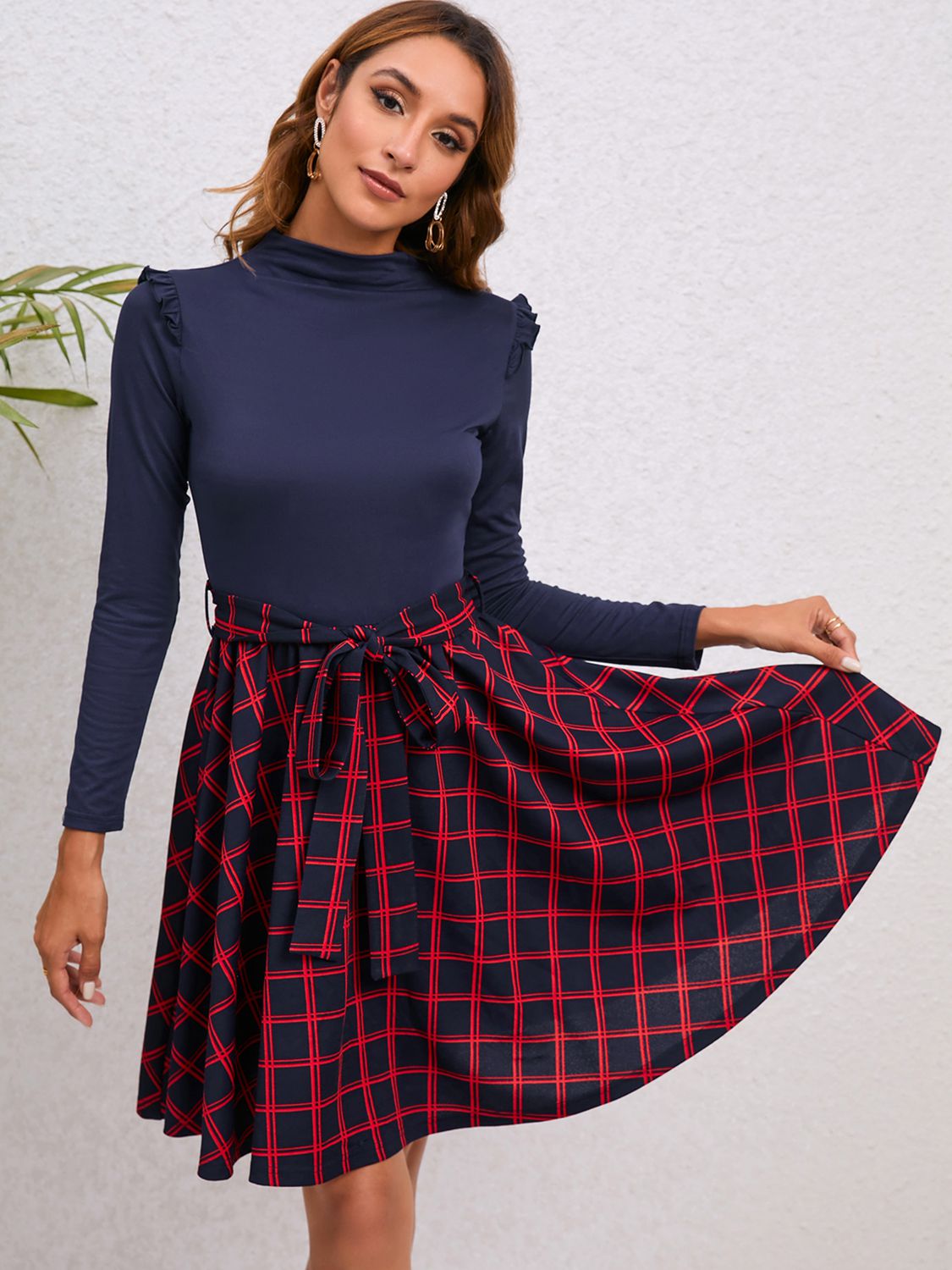 Plaid Tie Waist Ruffle Shoulder Dress - Flyclothing LLC