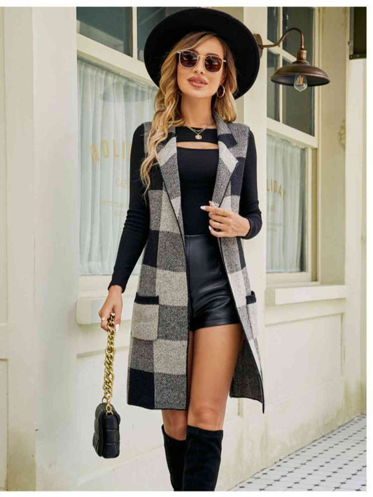 Plaid Lapel Collar Sleeveless Cardigan - Flyclothing LLC