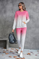 Gradient Round Neck Sweatshirt and Joggers Set - Flyclothing LLC