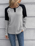 Contrast Buttoned Round Neck Raglan Sleeve Top - Flyclothing LLC