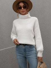 High Neck Balloon Sleeve Rib-Knit Pullover Sweater - Flyclothing LLC