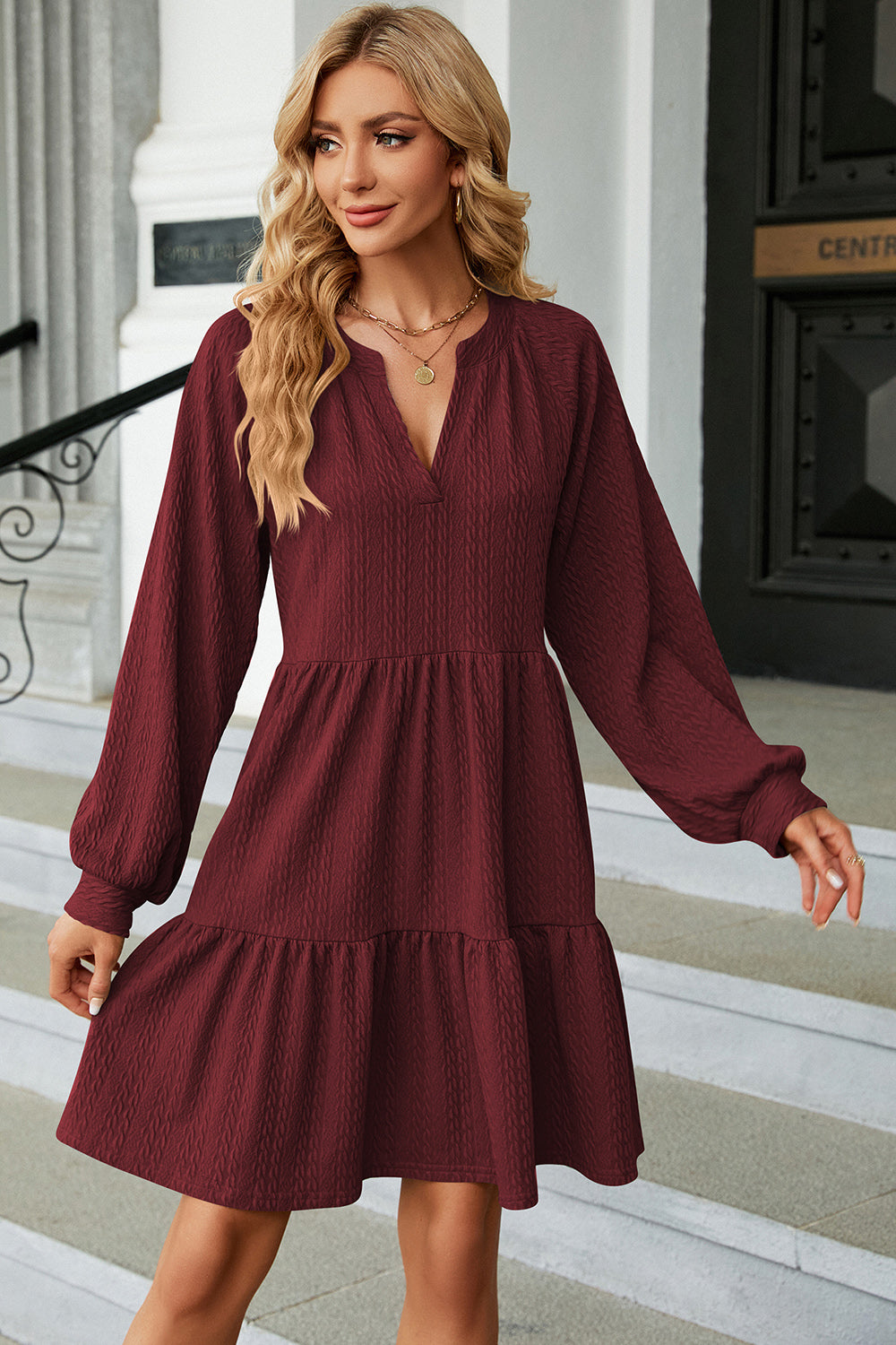 Ruched Notched Long Sleeve Mini Dress - Flyclothing LLC