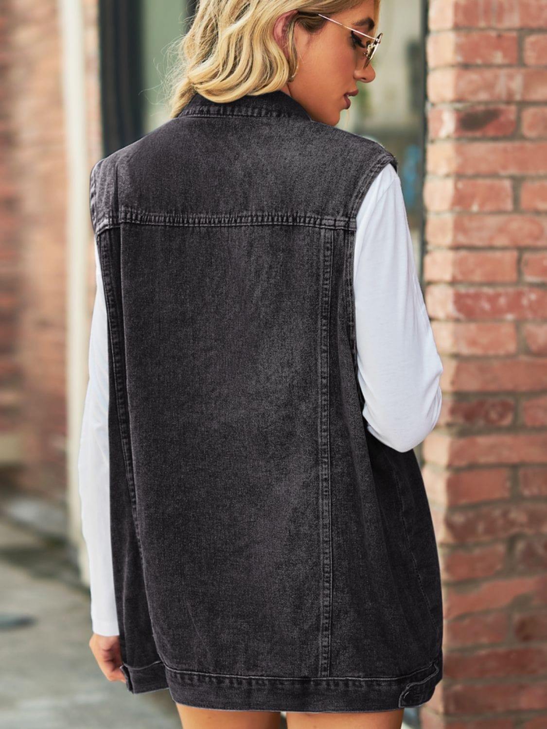 Collared Neck Sleeveless Denim Top with Pockets - Trendsi