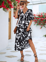 Printed Surplice Balloon Sleeve Dress - Flyclothing LLC