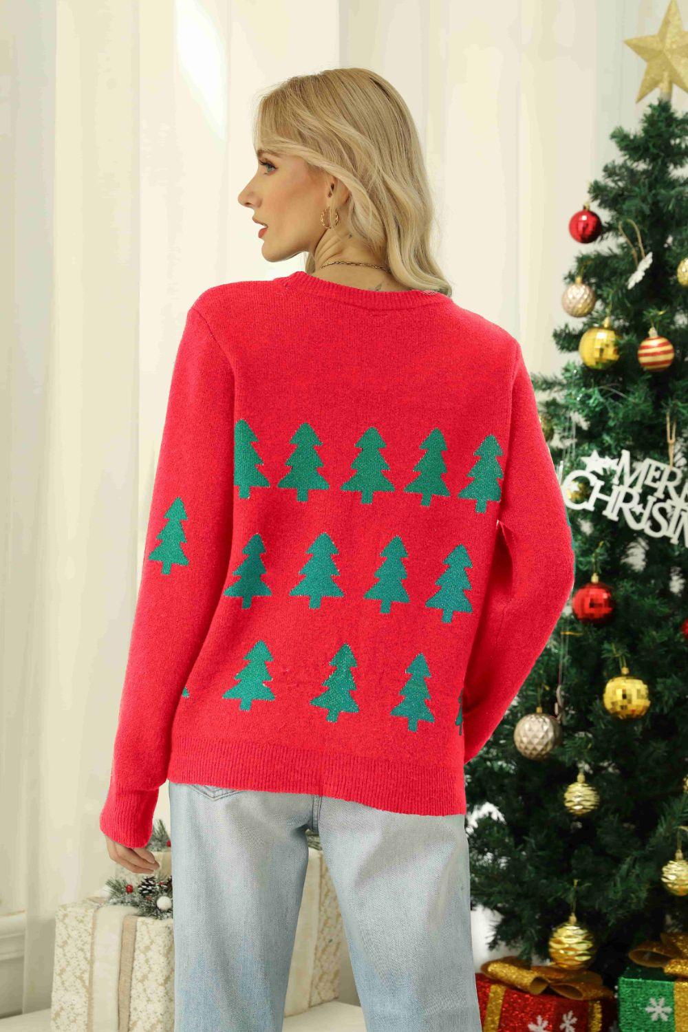 Christmas Tree Round Neck Ribbed Trim Sweater - Trendsi