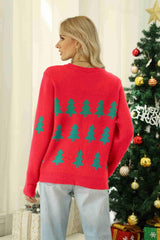 Christmas Tree Round Neck Ribbed Trim Sweater - Trendsi