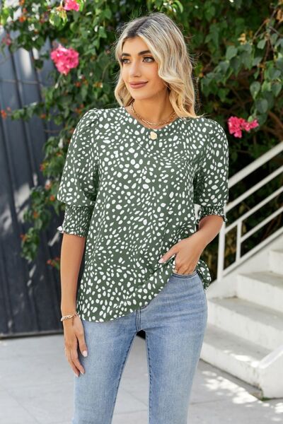 Polka Dot Round Neck Lantern Sleeve Blouse - Flyclothing LLC