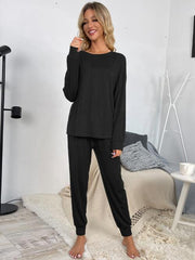 Round Neck Top and Drawstring Pants Lounge Set - Flyclothing LLC