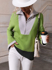 Color Block Half-Zip Dropped Shoulder Knit Pullover - Trendsi