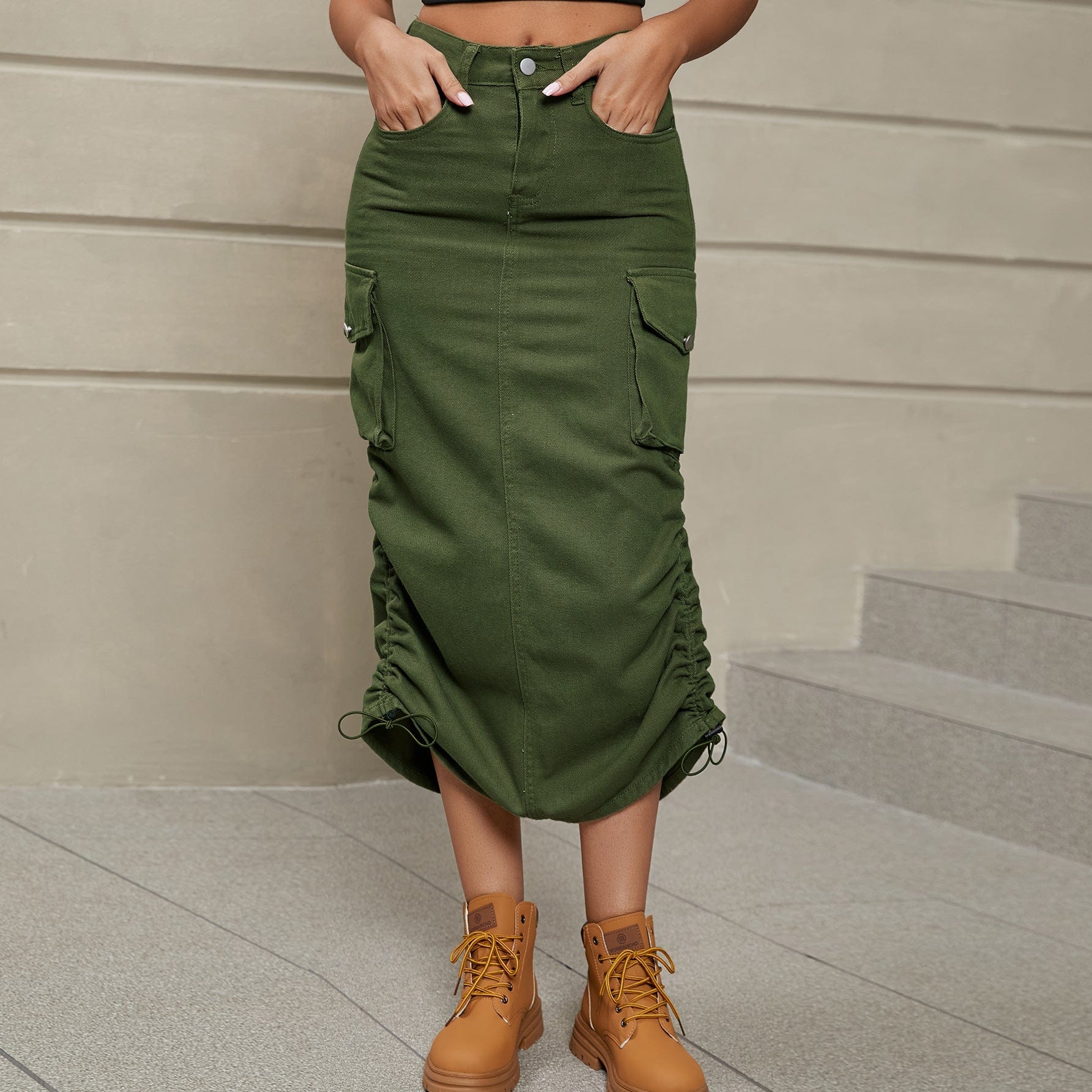 Drawstring Ruched Slit Denim Midi Skirt - Trendsi