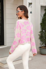 Round Neck Flower Pattern Dropped Shoulder Pullover Sweater - Trendsi