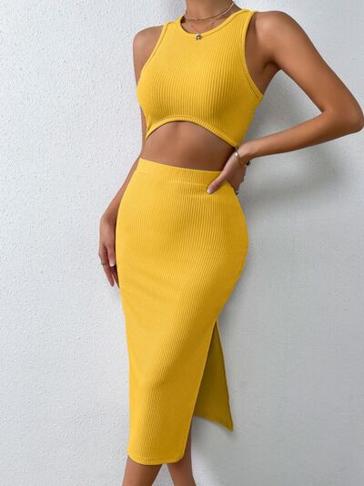 Ribbed Round Neck Tank and Slit Skirt Sweater Set - Flyclothing LLC