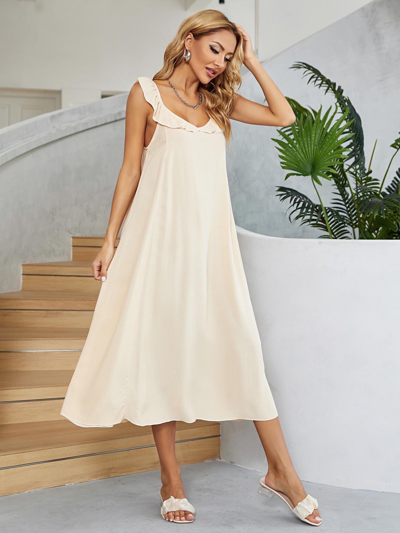 Ruffled V-Neck Midi Dress - Flyclothing LLC