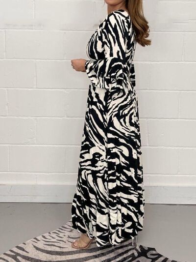 Smocked Printed Flounce Sleeve Maxi Dress - Flyclothing LLC