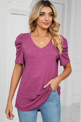 Heathered V-Neck Puff Sleeve T-Shirt - Trendsi