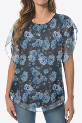 Printed Round Neck Curved Hem Blouse - Flyclothing LLC