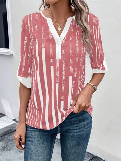 Striped Notched Half Sleeve Blouse - Flyclothing LLC