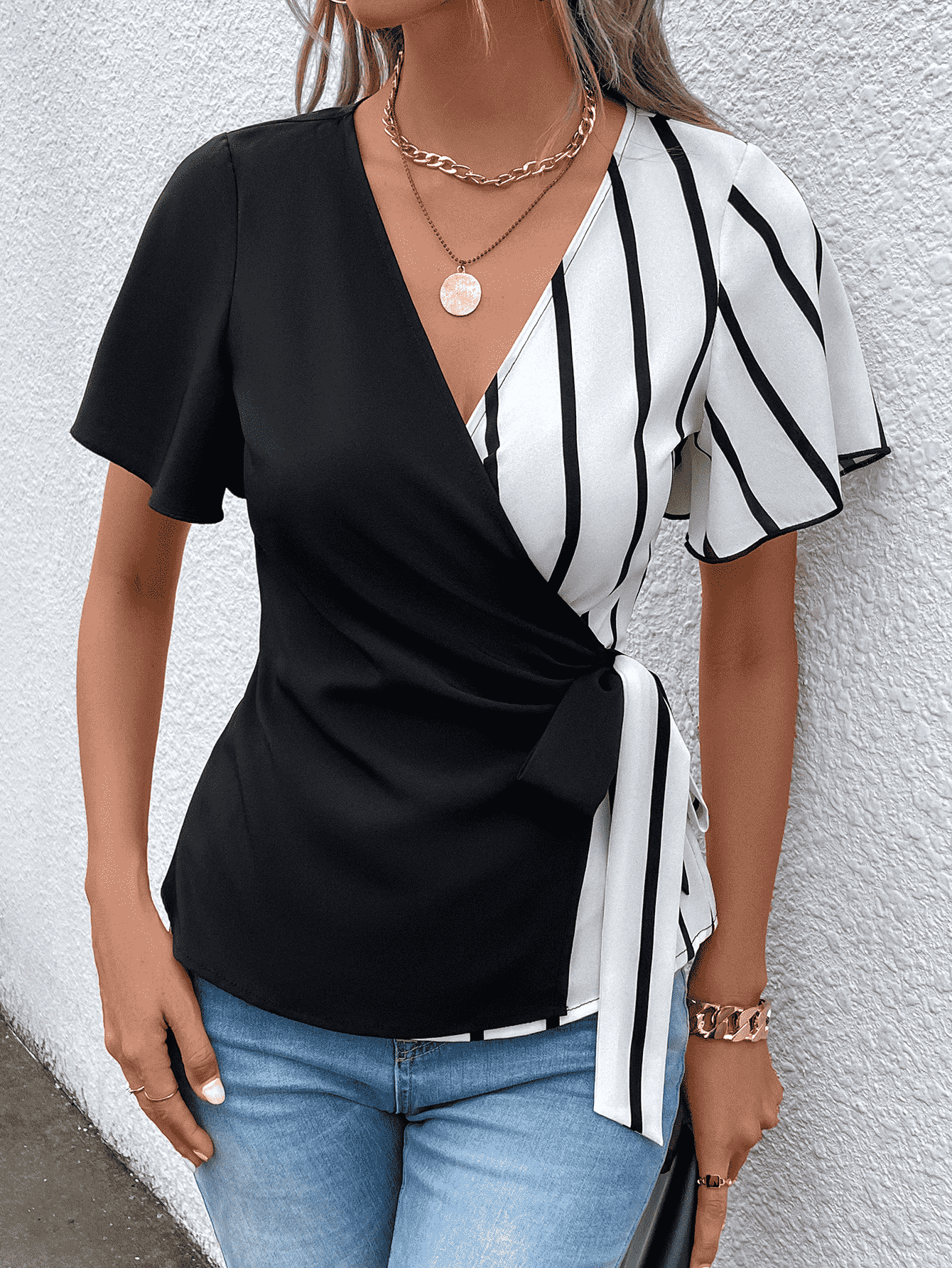 Surplice Neck Waist Tie Flutter Sleeve Blouse - Flyclothing LLC