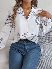 Letter Printed Button Up Long Sleeve Blouse - Flyclothing LLC