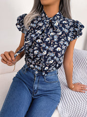 Floral Tie Neck Flutter Sleeve Blouse - Flyclothing LLC